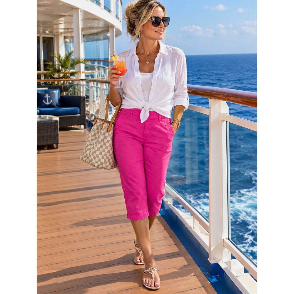 St. John's Bay Womens Pink Cotton Twill Capri Pants 14 Mid Rise Pockets